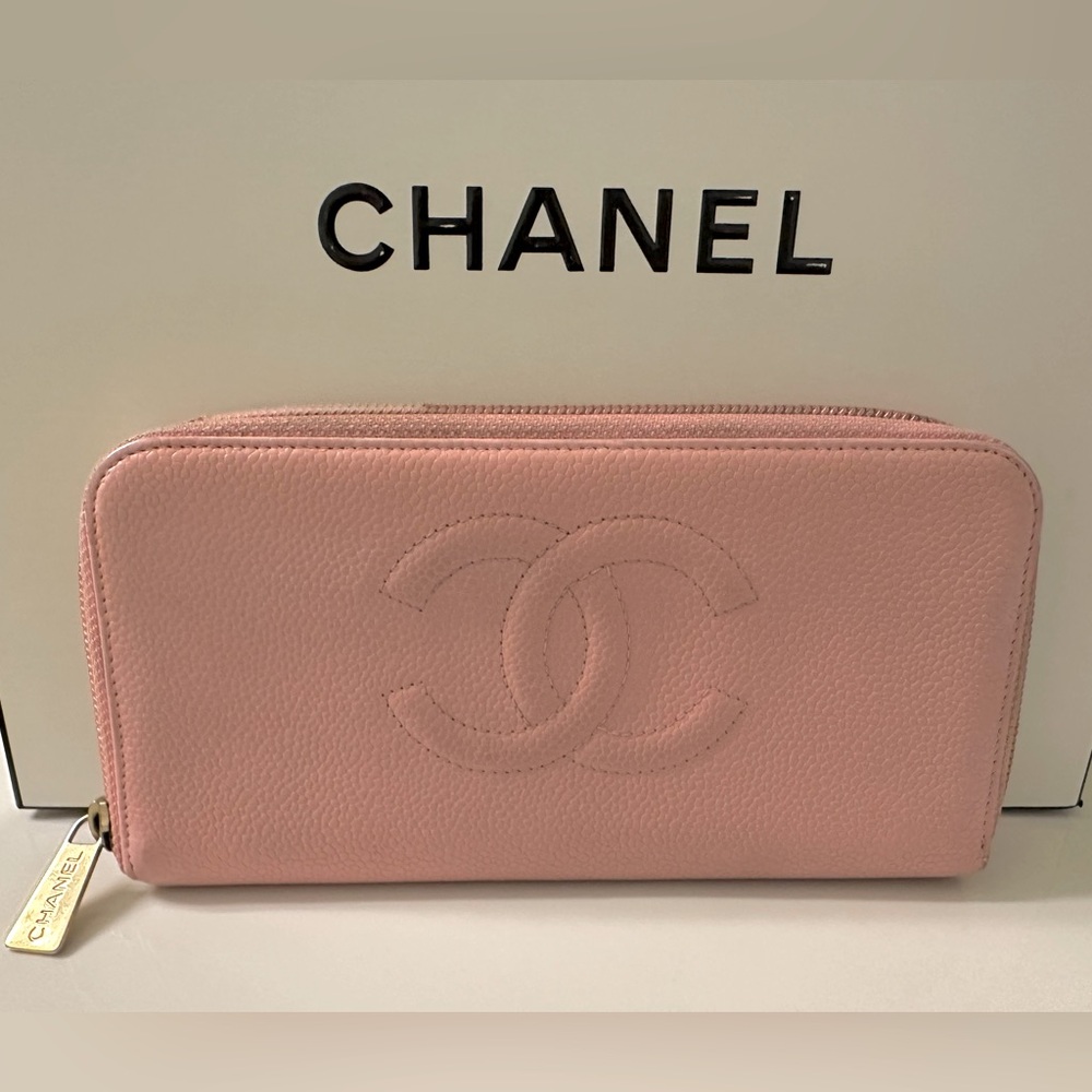 Auth Chanel Pink Long Zipper CC Logo Wallet